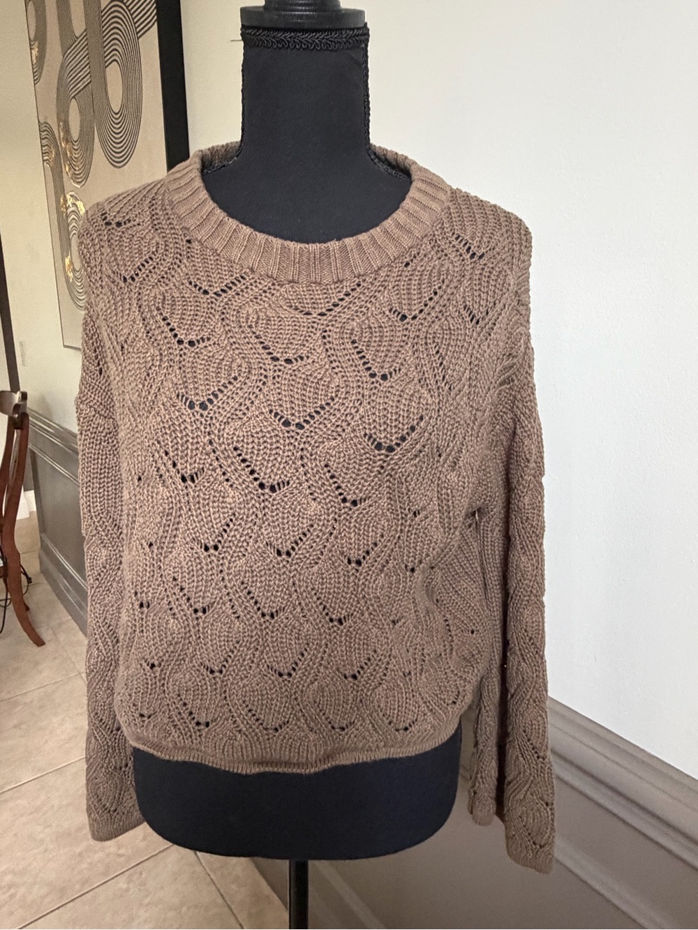 moon & madison Taupe Openwork Crochet Crewneck Sweater